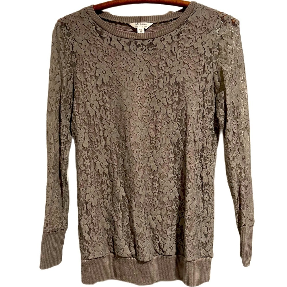 𝅺MA Cherie Maternity • medium ‘greige’ top - camisole with sheer floral overlay